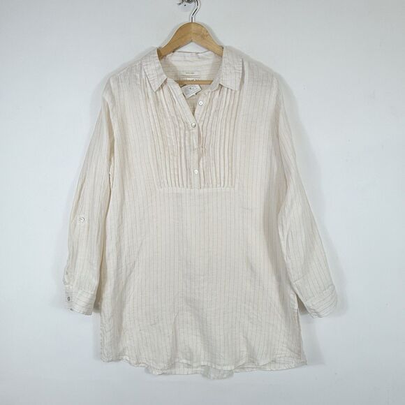 NEW Cynthia Rowley Womens Medium Yellow White Stripe Linen Pleated Shirt‎ Top - Picture 2 of 8
